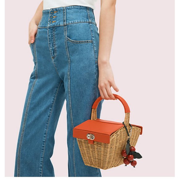 kate spade red/orange picnic 3d wicker picnic basket bag purse nwot - Picture 1 of 8